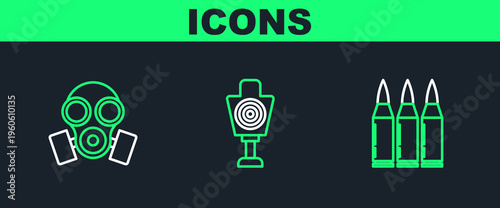 Set line Bullet, Gas mask and Human target sport for shooting icon. Vector
