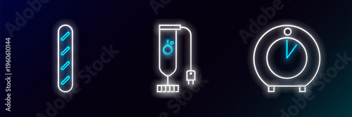 Set line Kitchen timer, French baguette bread and Blender icon. Glowing neon. Vector