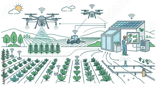 Smart Farming Agriculture Technology Line Vector Illustration