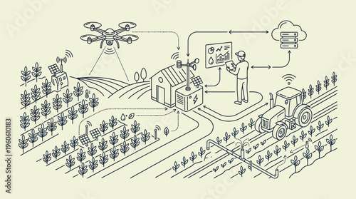 Smart Farming Agriculture Technology Line Vector Illustration