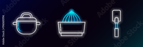 Set line Spatula, Cooking pot and Citrus fruit juicer icon. Glowing neon. Vector