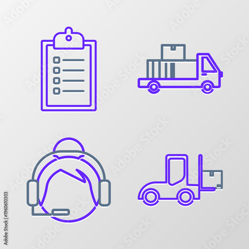 Set line Forklift truck, Support operator in touch, Delivery with cardboard boxes and Verification of delivery list clipboard icon. Vector