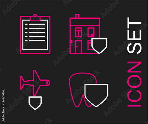 Set line Tooth with shield, Plane, House and Clipboard checklist icon. Vector