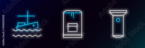 Set line Flashlight, Fishing boat on water and Backpack icon. Glowing neon. Vector