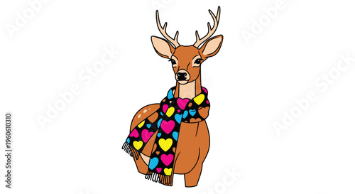 Deer with Heart Scarf - A Whimsical Winter Animal Illustration.