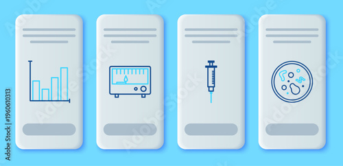 Set line Electrical measuring instruments, Syringe, Pie chart infographic and Bacteria icon. Vector