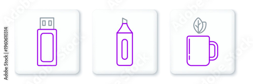 Set line Cup of tea and leaf, USB flash drive and Marker pen icon. Vector