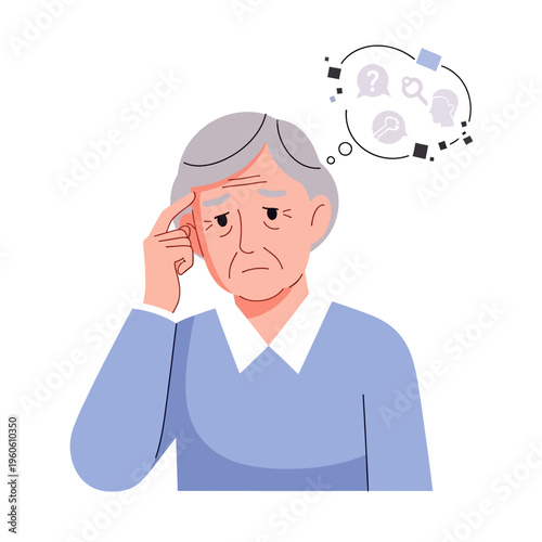 Elderly person with memory loss, thinking about questions and old memories