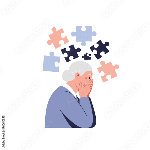 Elderly woman with dementia, puzzle pieces falling from head, memory loss concept