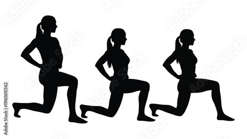 Three women performing lunges in a silhouette style illustration high quality