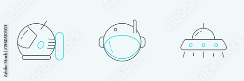 Set line UFO flying spaceship, Astronaut helmet and icon. Vector