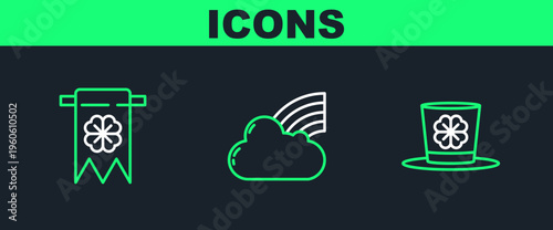 Set line Leprechaun hat and four leaf clover, Four party pennant and Rainbow with cloud icon. Vector