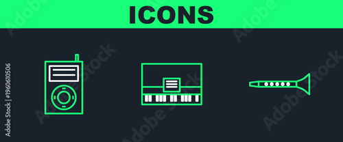 Set line Clarinet, Music MP3 player and Piano icon. Vector