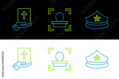 Set line Police cap with cockade, Oath on the Holy Bible and Face recognition icon. Vector