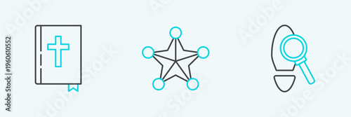 Set line Magnifying glass with footsteps, Holy bible book and Hexagram sheriff icon. Vector