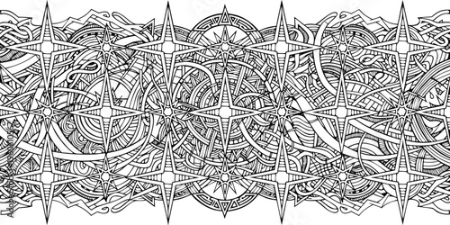 Astral navigation band in tribal style, black and white, decorative pattern for tattoo or textile design