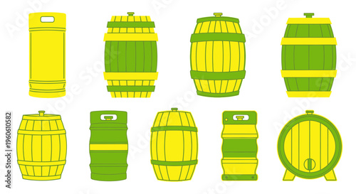 Collection of Yellow and Green Barrels and Kegs, Vector Illustration
