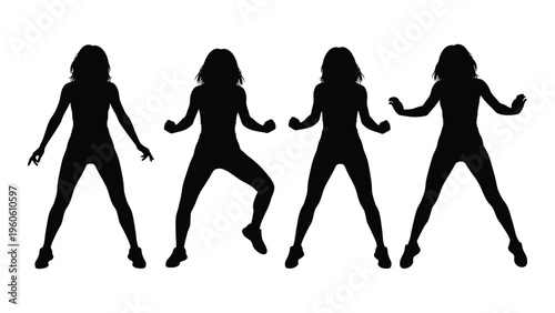 Four silhouettes of women dancing arms outstretched in a dynamic pose