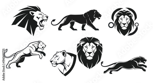 Lion Silhouettes Collection: Roaring King, Walking Predator, Jumping Hunter, Shield Emblem