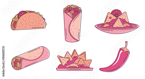 Mexican Food Icons: Taco, Burrito, Nachos, Chili Pepper - Hand Drawn Style