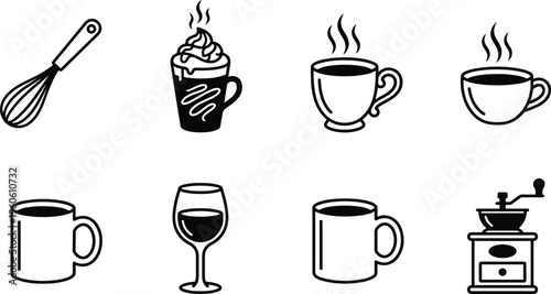 Black and white beverage icons set, whisk cup mug teacup wine glass coffee grinder illustration, kitchen drink design art
