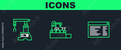 Set line Software, web developer programming code, Assembly line and Factory conveyor system belt icon. Vector