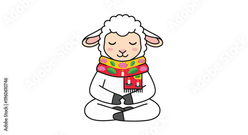 Meditating Sheep in Lotus Position with Colorful Scarf.