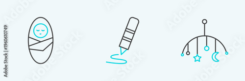 Set line Baby crib hanging toys, Newborn baby infant swaddled and Wax crayon for drawing icon. Vector