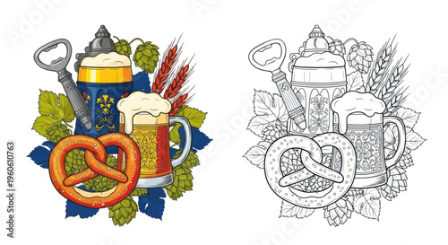 Oktoberfest Beer Mugs, Pretzels, Hops and Wheat - Color and Line Art