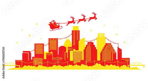 Santa Claus flying over city skyline with reindeer, Christmas lights, holidays