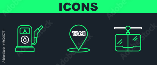 Set line Cable car, Petrol or Gas station and Map pointer with taxi icon. Vector