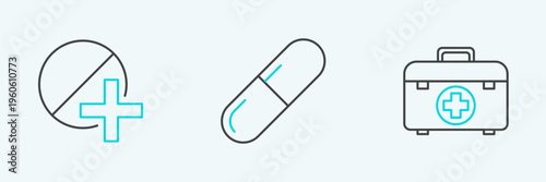 Set line First aid kit, Medicine pill or tablet and icon. Vector