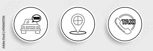 Set line Taxi call telephone service, car and Map pointer with taxi icon. Vector