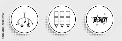 Set line Carnival garland with flags, Baby crib hanging toys and Wax crayons for drawing icon. Vector