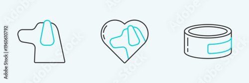 Set line Canned food, Dog and Heart with dog icon. Vector