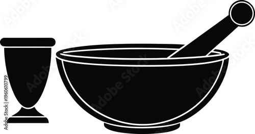 Black silhouette of a mortar pestle and small cup on a white background silhouette