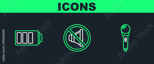 Set line Microphone, Battery charge level indicator and Speaker mute icon. Vector