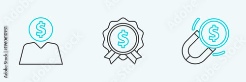 Set line Magnet with money, Business man planning mind and Price tag dollar icon. Vector