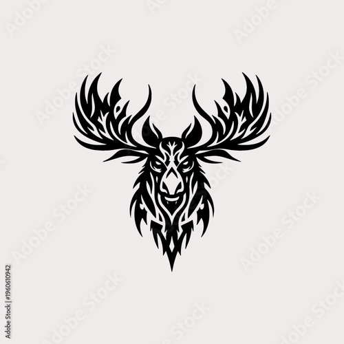 Tribal moose head vector illustration with ornate antlers