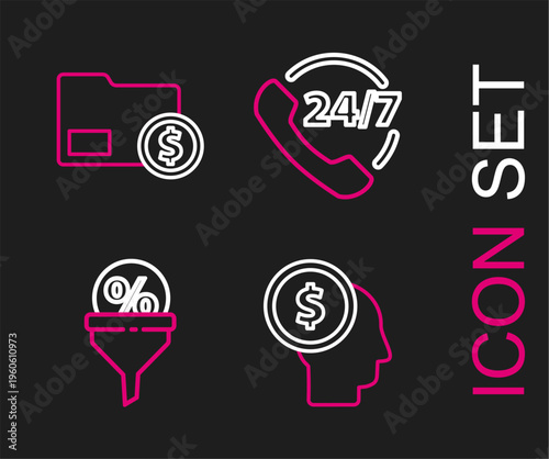 Set line Business man planning mind, Lead management, Telephone 24 hours support and Envelope with coin dollar icon. Vector