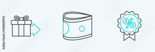 Set line Discount percent tag, Gift box and Stacks paper money cash icon. Vector