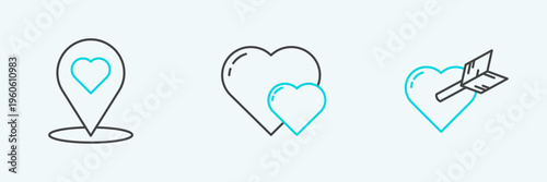 Set line Amour with heart and arrow, Map pointer and Heart icon. Vector