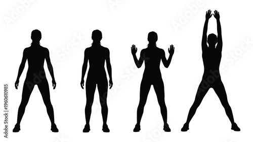 Four women depicted in silhouette performing different stretching or exercise poses