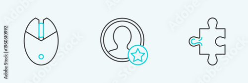 Set line Piece of puzzle, Computer mouse gaming and Premium create account screen icon. Vector