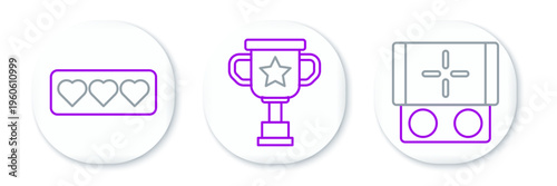 Set line Portable video game console, Like and heart and Award cup icon. Vector