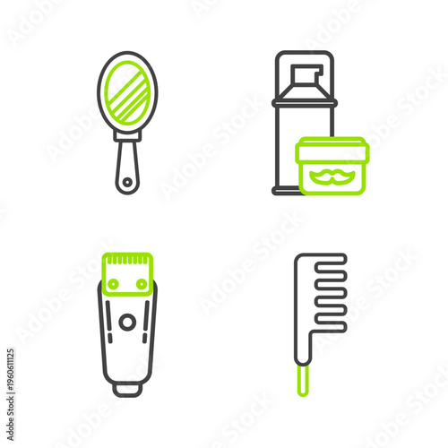 Set line Hairbrush, Electrical hair clipper or shaver, Shaving gel foam and Hand mirror icon. Vector