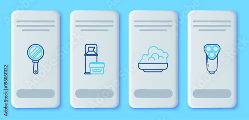 Set line Shaving gel foam, Hand mirror and Electric razor blade for men icon. Vector