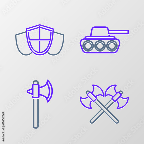 Set line Crossed medieval axes, Medieval, Military tank and Shield icon. Vector
