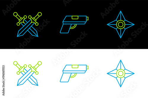 Set line Japanese ninja shuriken, Crossed medieval sword and Pistol gun icon. Vector