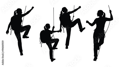 Silhouettes of women rappelling or climbing depicted in a dynamic active scene